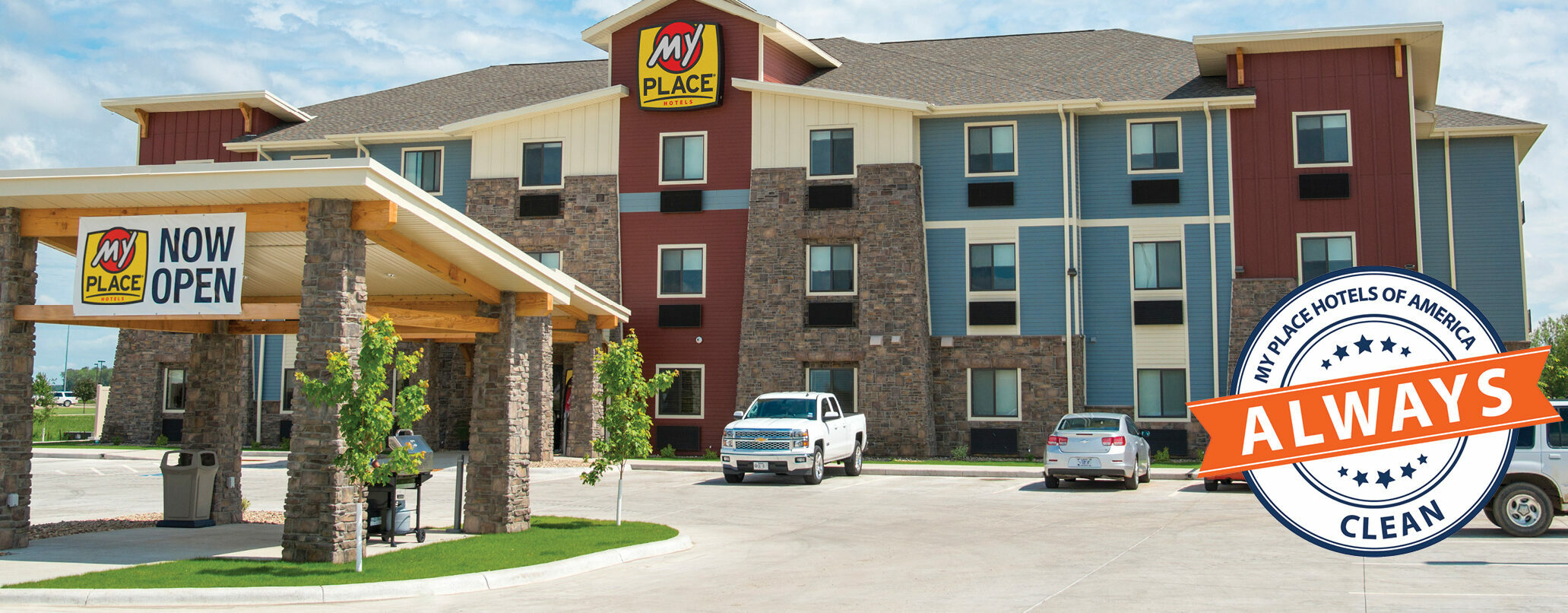 Newly-opened My Place Hotel with an "Always Clean Initiative" logo in the bottom right corner