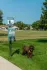 A black Labradoodle stands in the grass next to a pet waste disposal station at a My Place hotel.