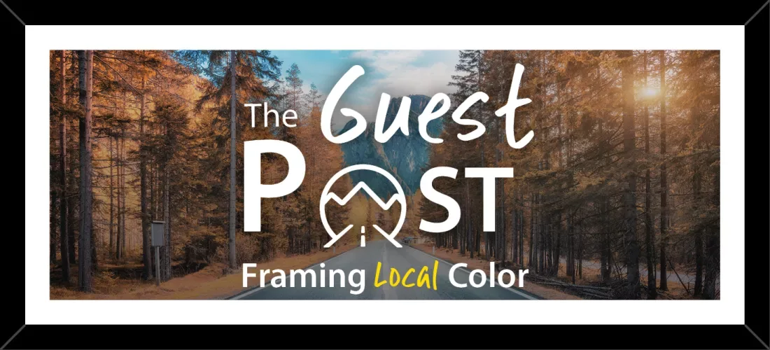 Logo for "The Guest Post: Framing Local Color" featuring a road through a forest in the background.