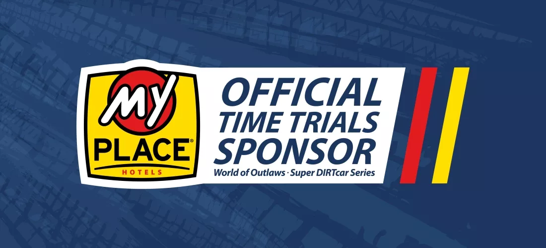 Official Time Trials Sponsor for World Of Outlaws and My Place Hotels logo.