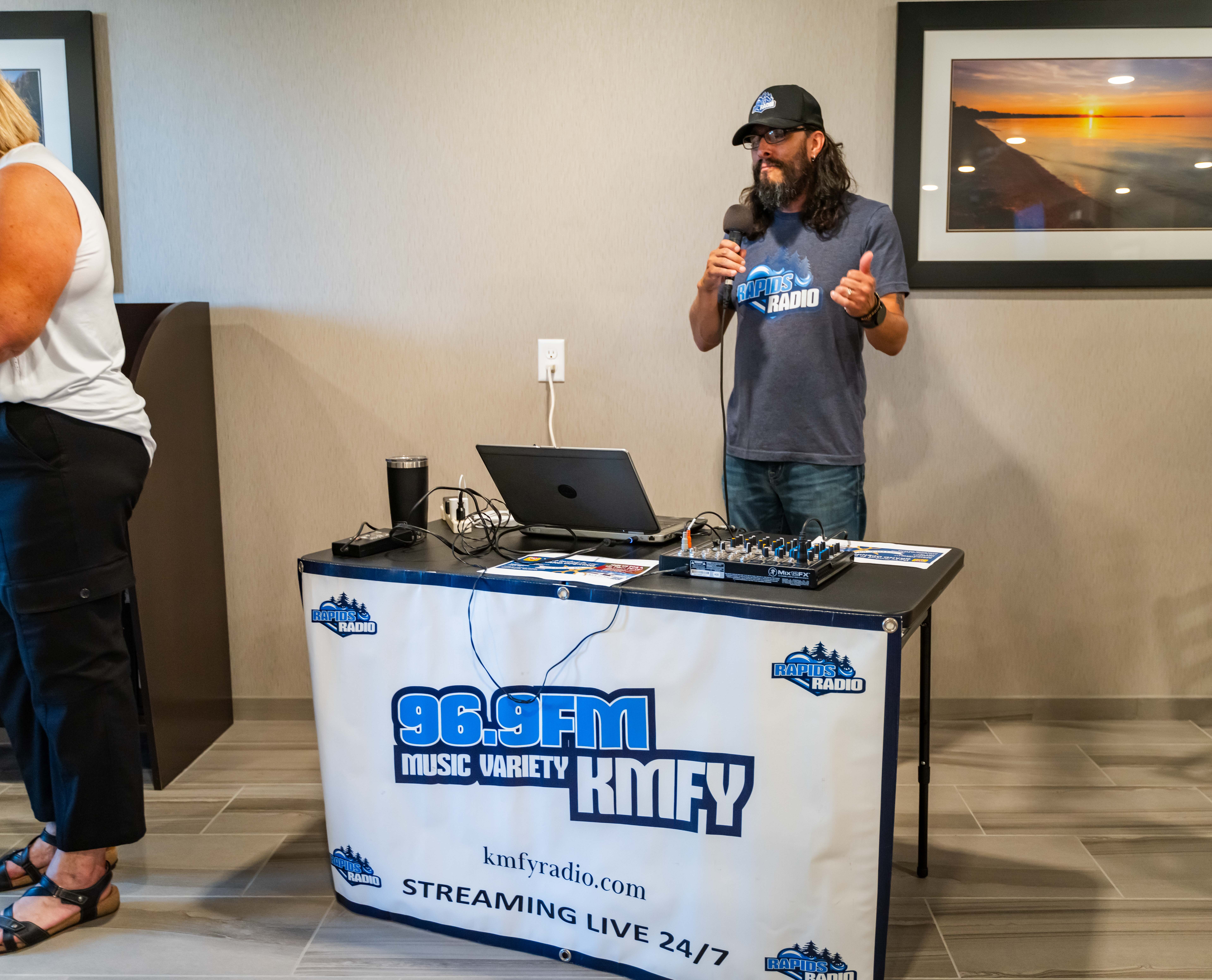 A radio station doing interviews in a hotel lobby.