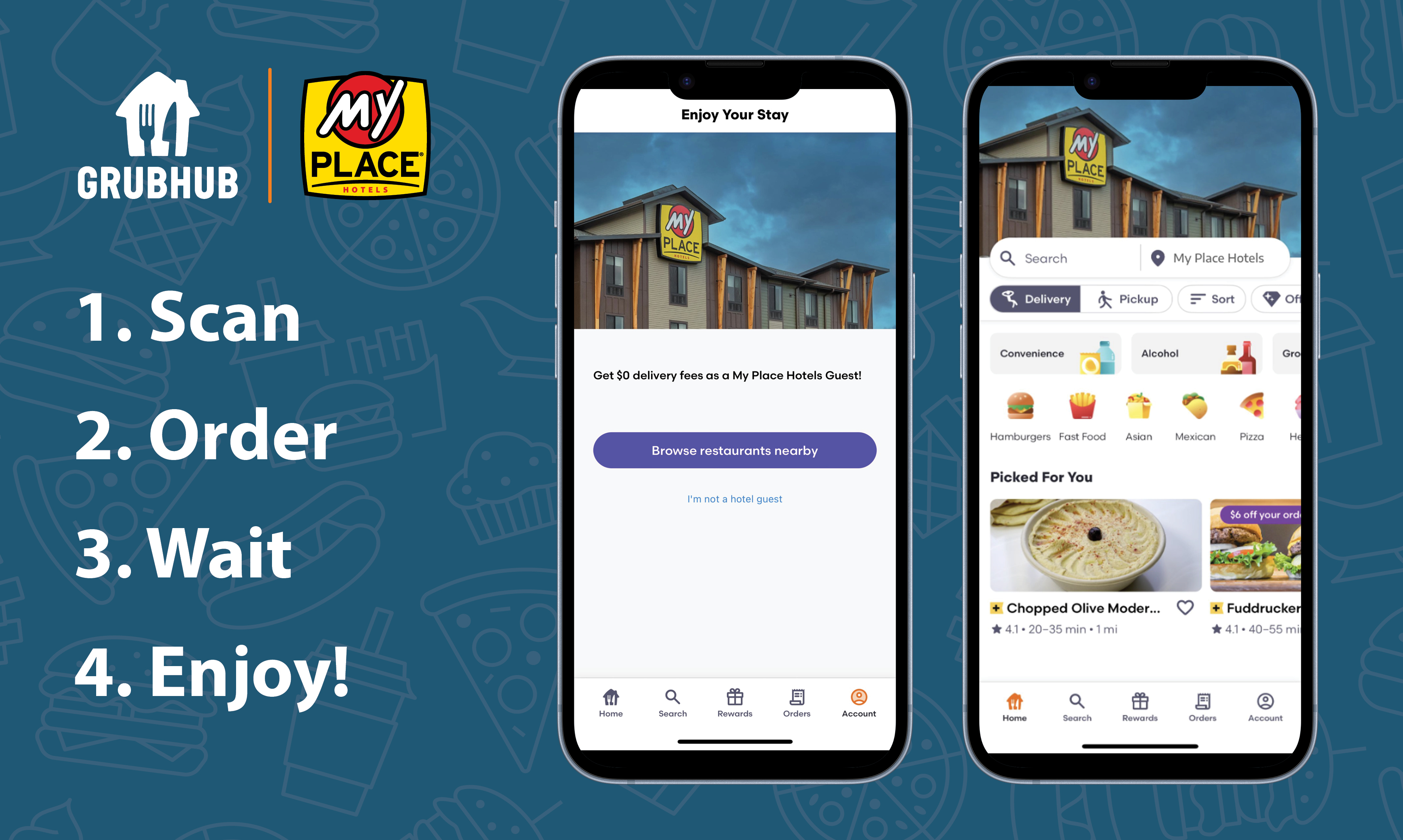 graphic showcasing a Grubhub user interface specific for My Place Hotels