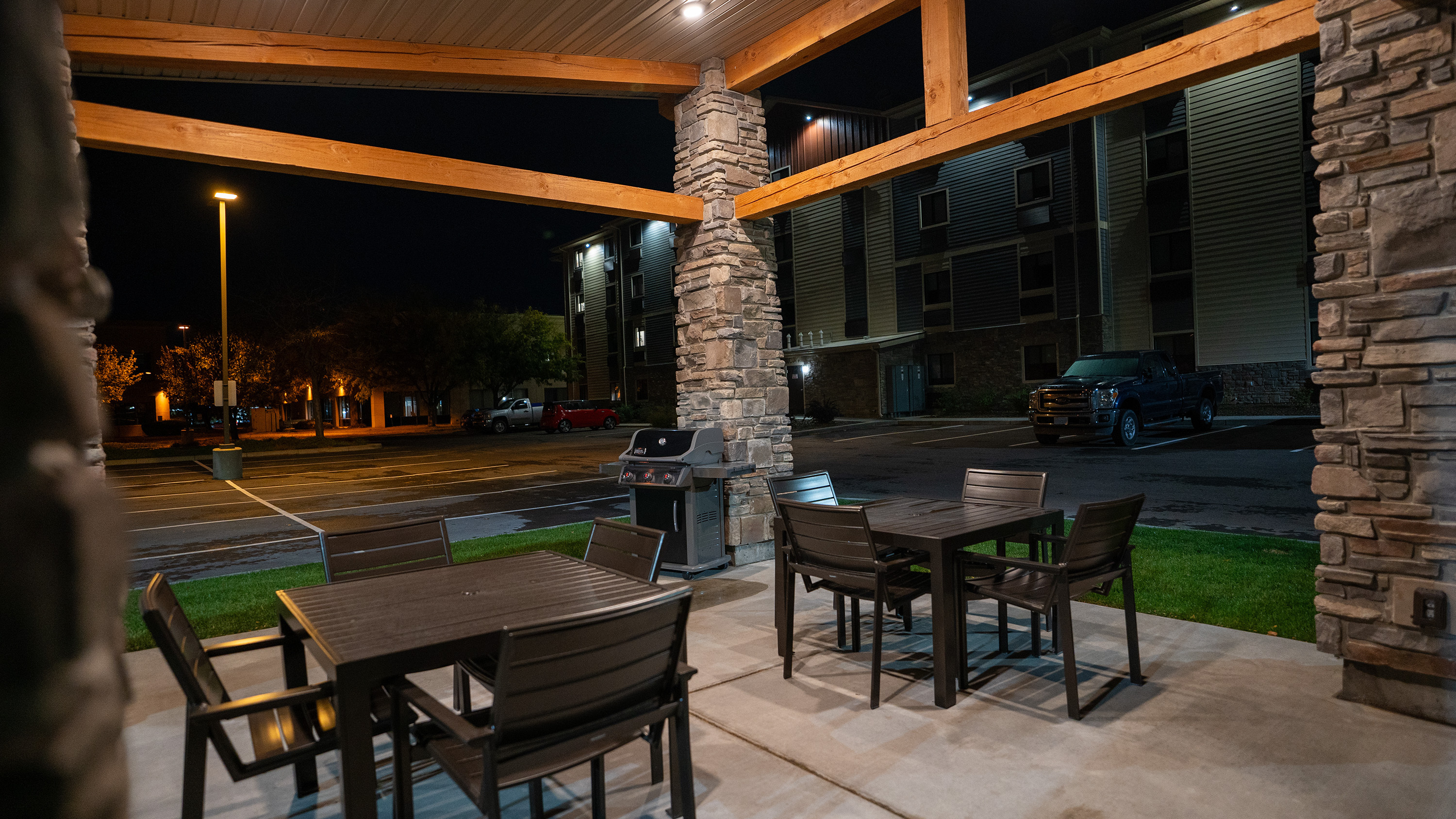 View from inside the grilling pavilion at night.