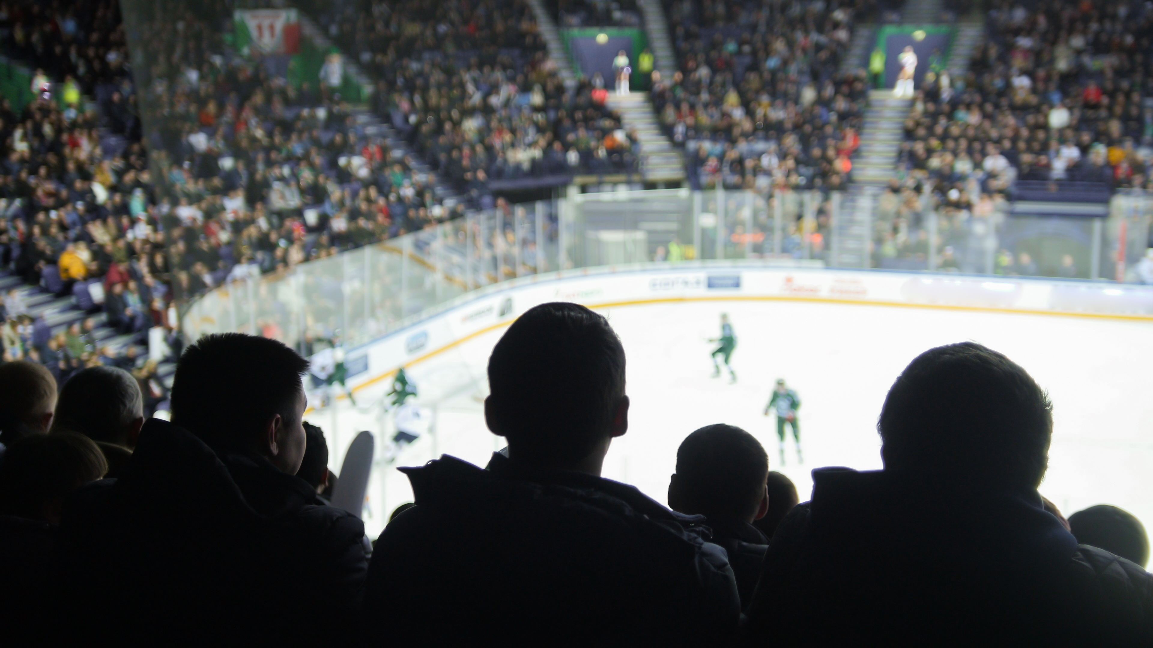 Fans watching a hockey game in an arena