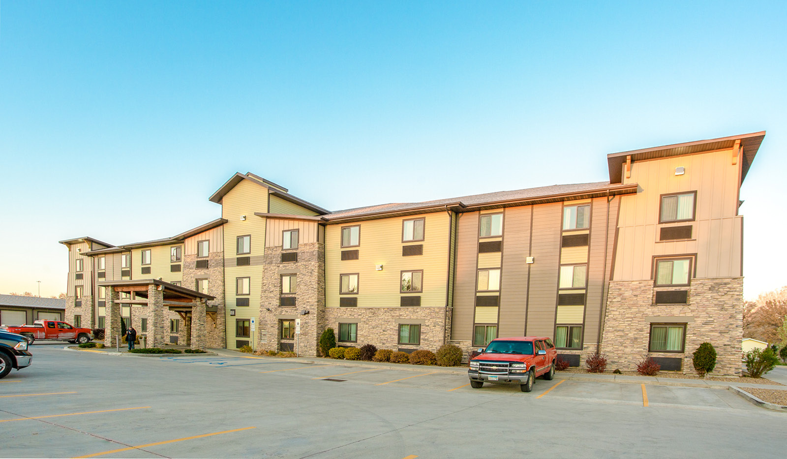 Wide exterior of My Place Hotel-Bismarck, ND.