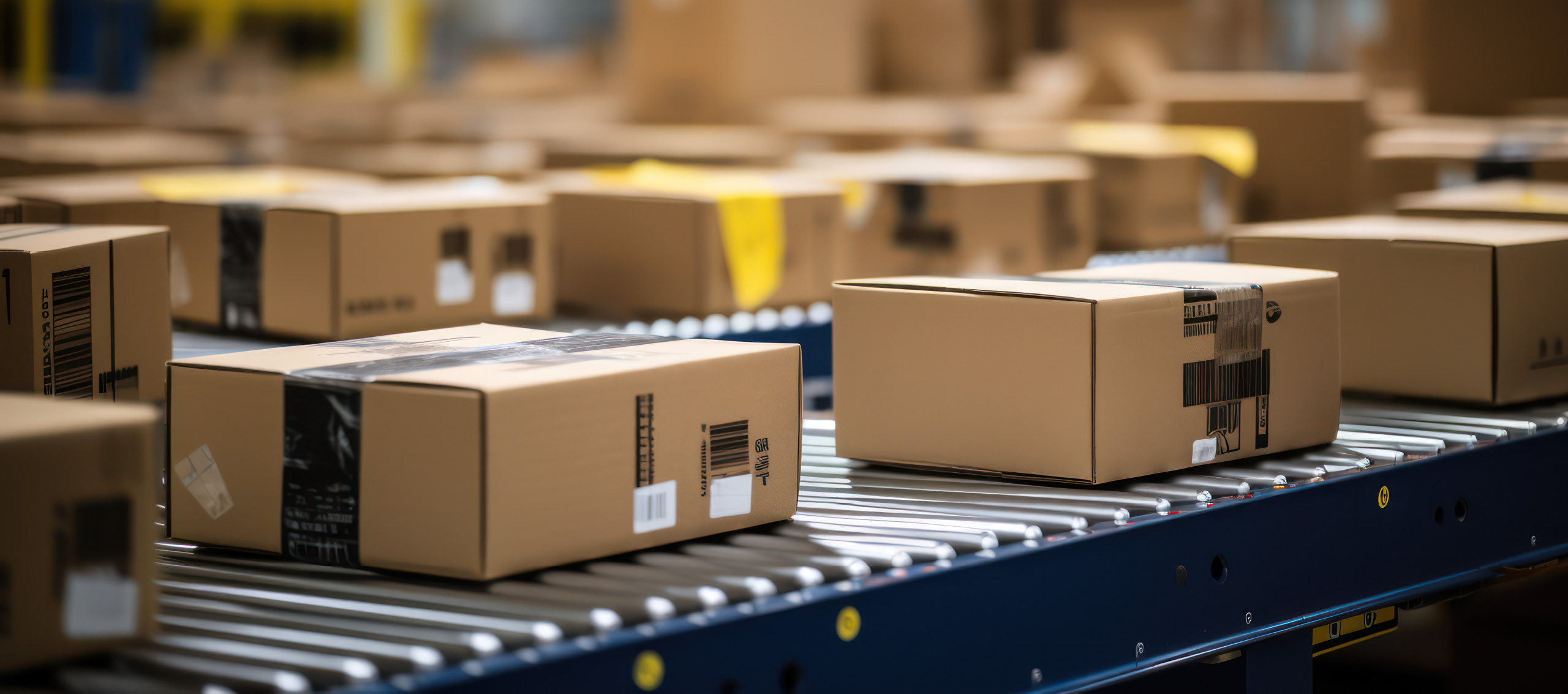 Rows of packages rolling down conveyer belts in a packaging warehouse.