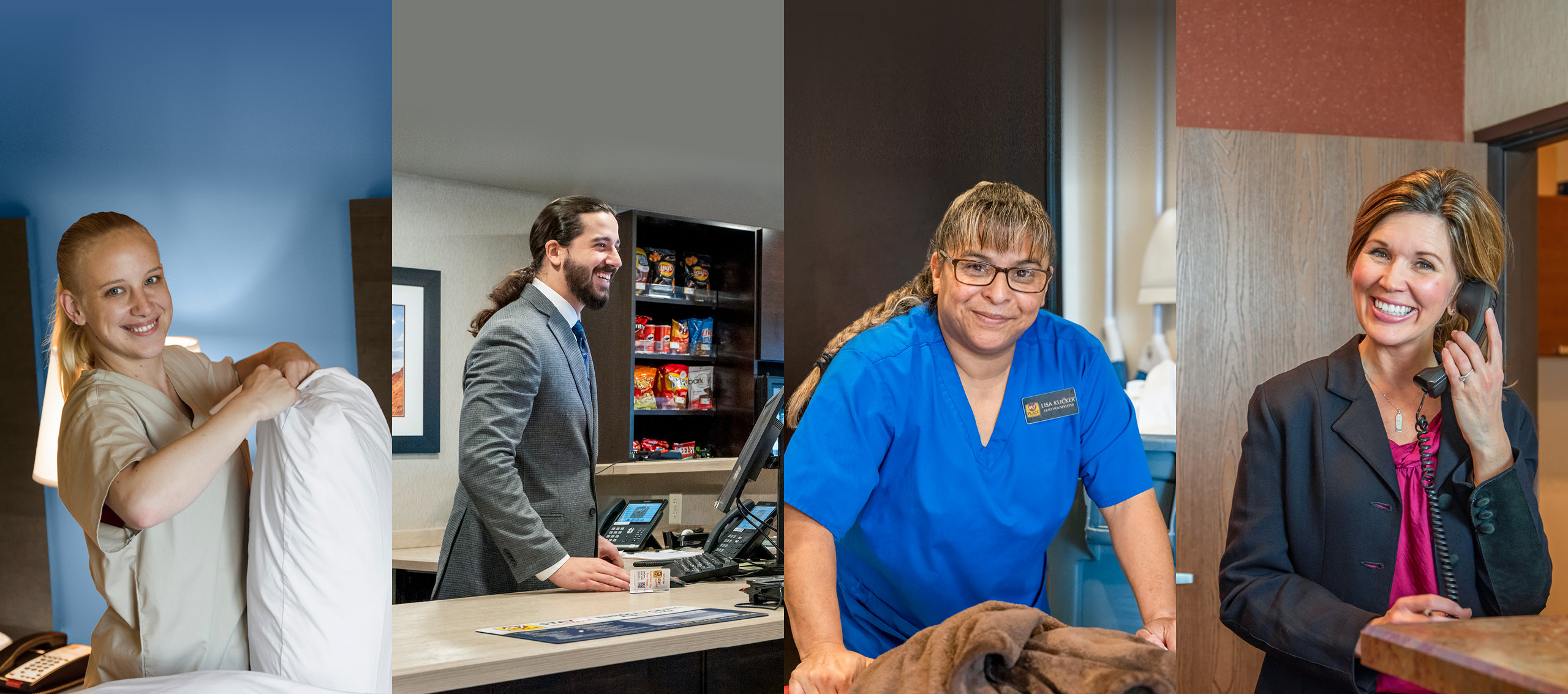 Four-photo collage: Housekeeper with pillow, front desk worker, housekeeper with laundry, front desk worker smiling while on the phone.