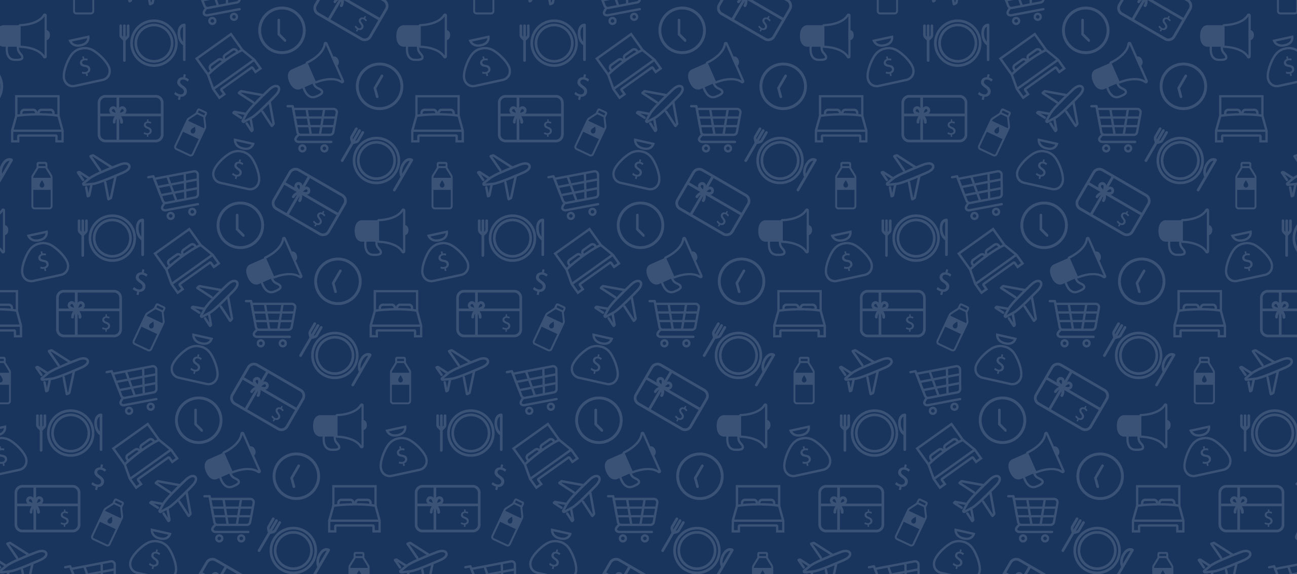 Grey gift card, water bottle, bed, shopping cart, dollar sign, and plate icons on dark blue background.