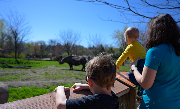 A mom and children watch a rhino at The Great Plains Zoo in Sioux Falls, South Dakota