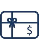 Dark blue outline of a gift card with a ribbon and dollar sign.