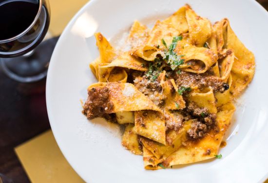 Pappardelle noodles and wine.
