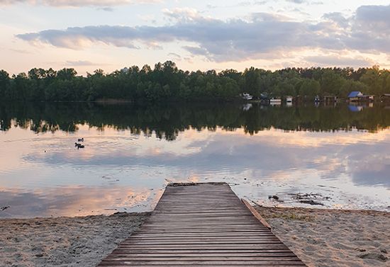 Shore view of a lake and a dock.