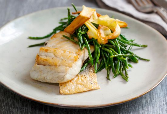 Sea Bass dish on a white plate.