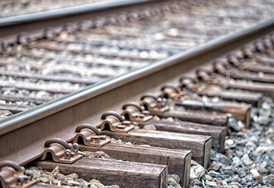 Close view of railroad tracks.