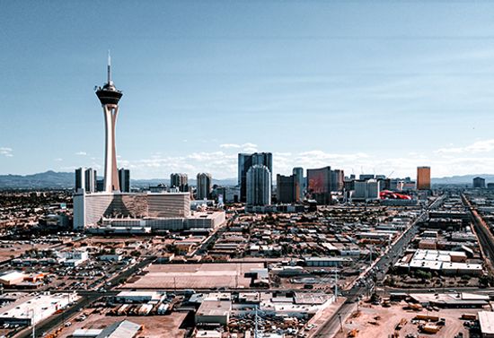 High view of buildings and the Strat Tower.