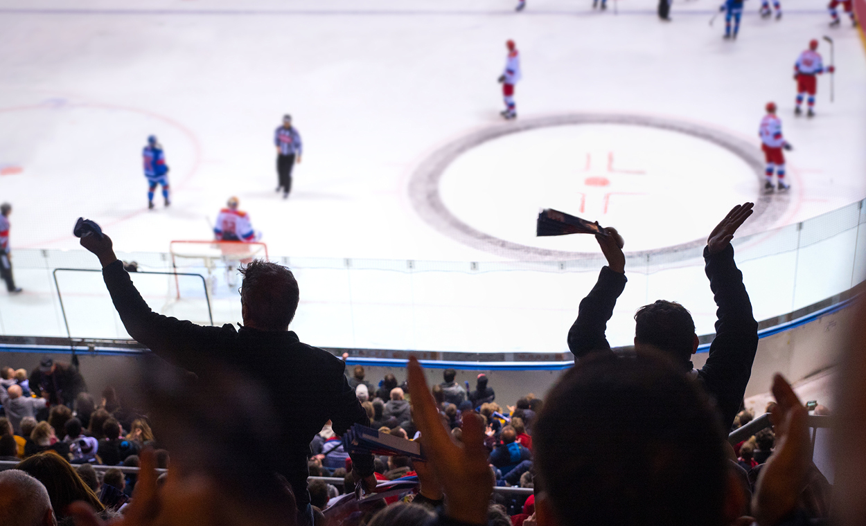 Guests cheering on a hockey game.