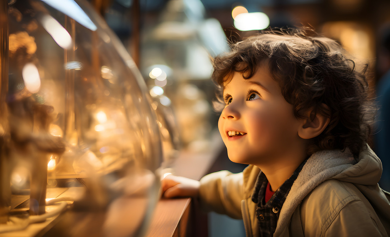 Small child smiling while looking at an exhibit.