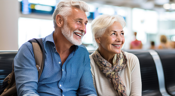 A senior couple sitting together on a bench.
