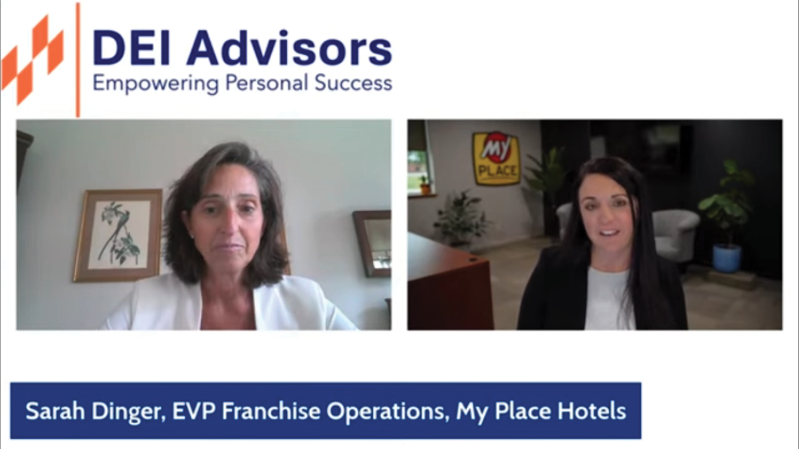 Sarah Dinger being interviewed by Rachel Humphrey of DEI Advisors from their offices.