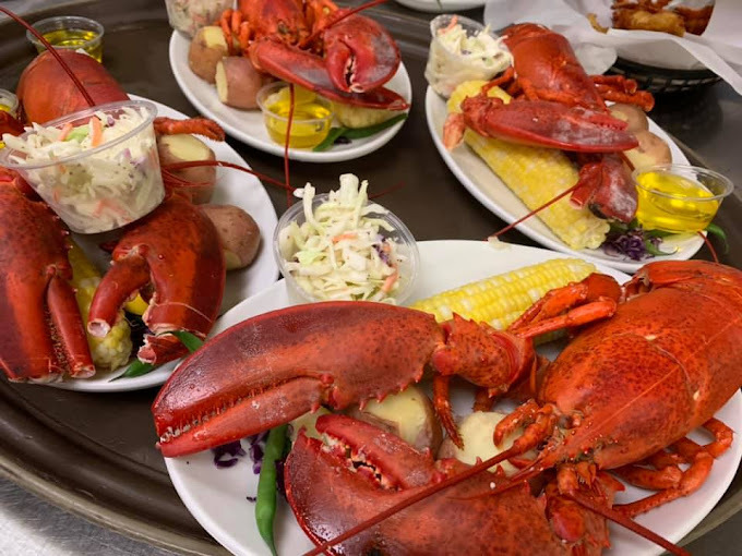 Four plates of lobster, corn, butter, and coleslaw.