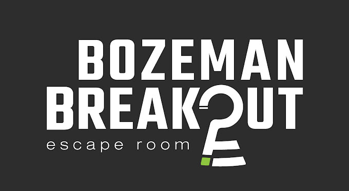 Black and white logo. Text reads "Bozeman Breakout, escape room."
