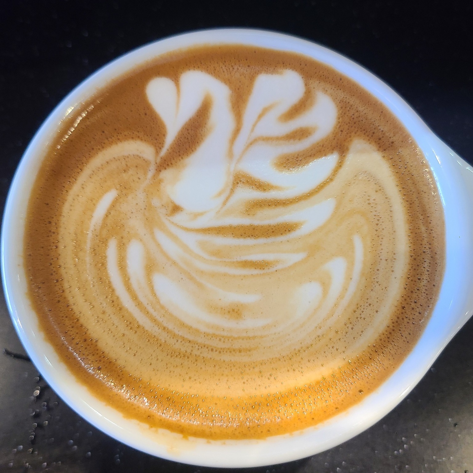 Animal with wings, most likely a peacock, latte foam art.