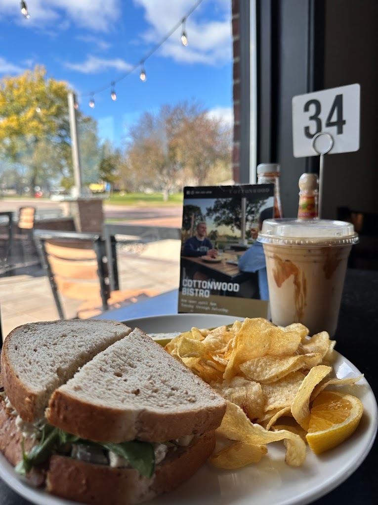 A white plate that consists of a sandwich and a side of kettle chips, along with an iced coffee.