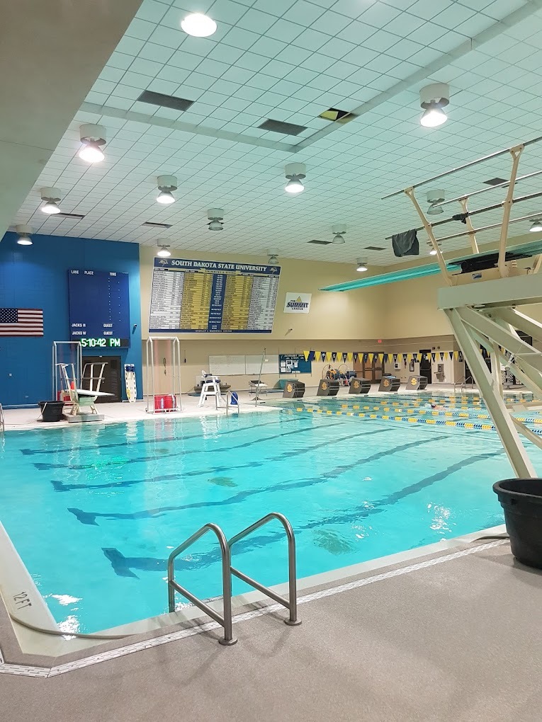 An indoor view of a large lap pool, featuring a diving board and lap lanes.