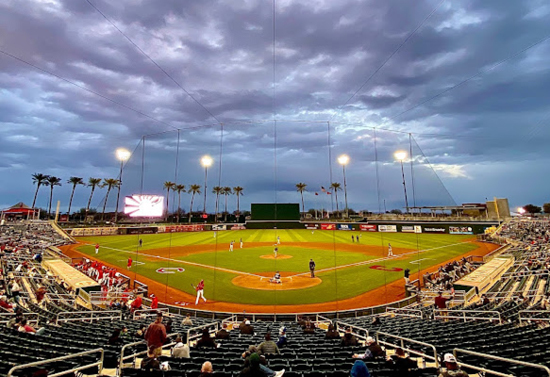 Fisheye view of a baseball stadium. The image is taken from the stands, with home base being front and center of the image.