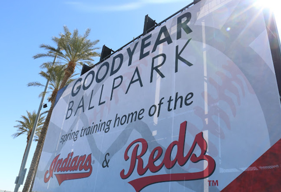 Upward view of a white billboard sign with palm trees behind it. The sign reads "Goodyear ballpark. Spring training home of the Indians and Reds."