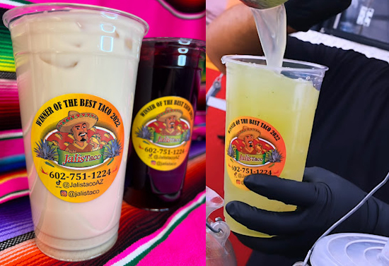 Split image. The left image has two iced drinks, one dark and one light. The right image has lemonade poured into a cup.