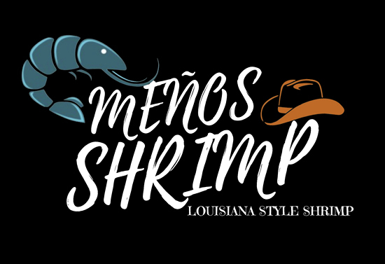 Logo of Menos Shrimp. There is a blue shrimp and brown cowboy hat illustrations on either side of the words.