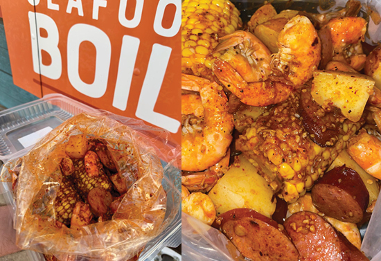 Split image. The left image has a bag of saucy food, with an orange sign that says "seafood boil" behind it. The right image is a close up of the food--seafood, potatoes, corn, and sausage covered in sauce.