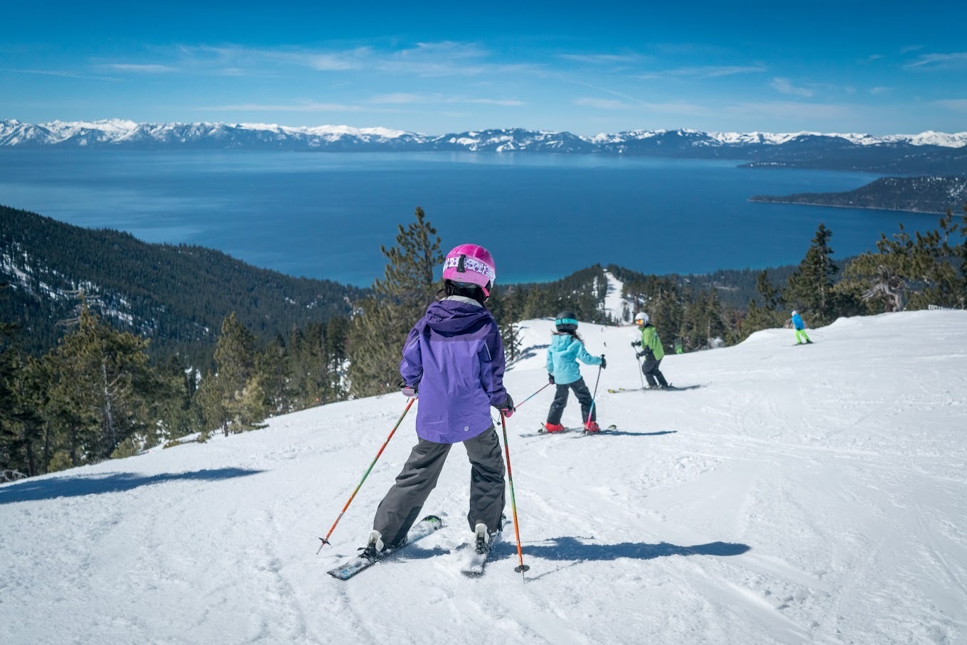 A snow covered hill covered in pine trees, three people are skiing in a clearing of snow down the hill.
