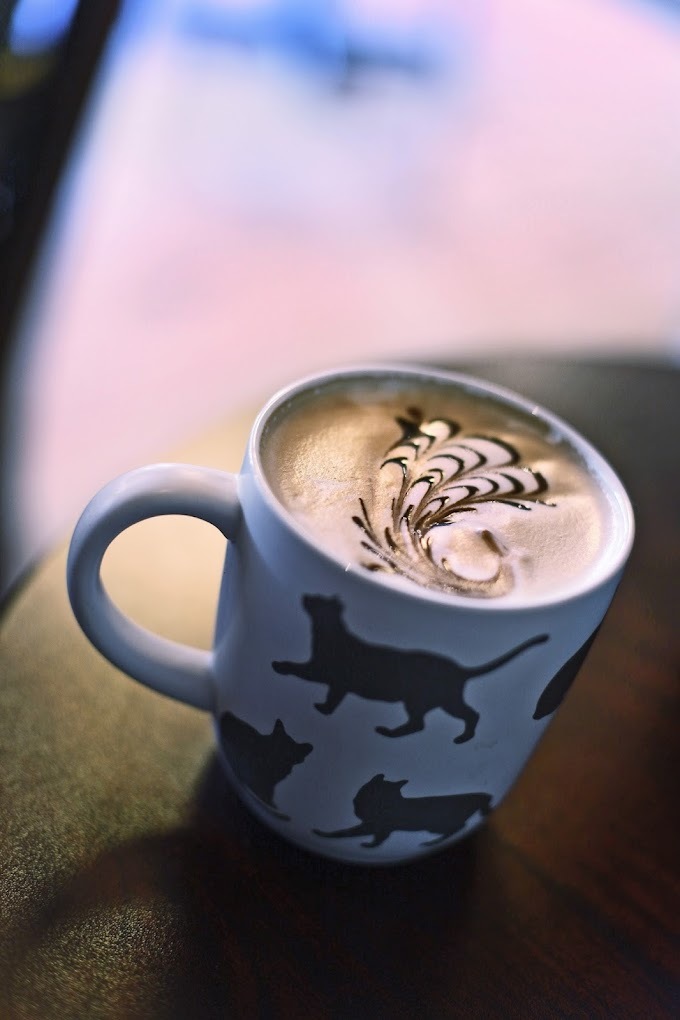 A view of a coffee cup sitting on a table topped with chocolate syrup that is swirled into an intricate design.