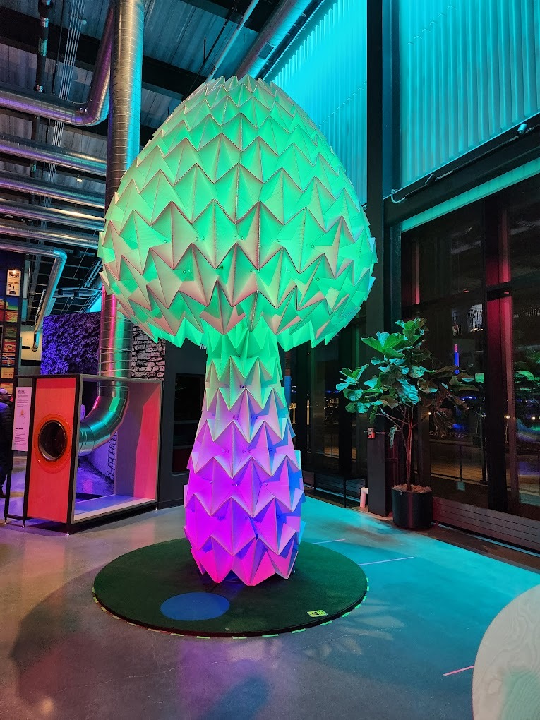 An inside view of an illuminated mushroom looking white sculpture.