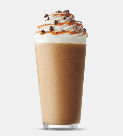 Iced coffee with cool whip, caramel, and chocolate pieces.