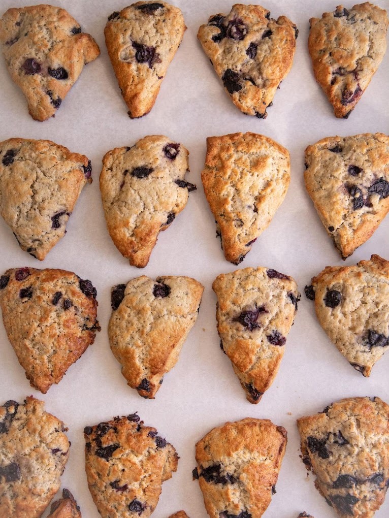 A view of a large batch of scones lined up in rows.