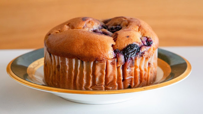 A plate with blue and gold edging consisting of a large muffin made with blueberries.