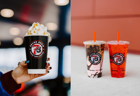Split image. Left image shows hand holding a hot drink with whipped cream and caramel drizzle. Right image shows two iced drinks, one pink and one red.