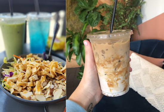 Split image. Left image contains a bowl of salad and chicken. Right image contains a hand holding an iced coffee.