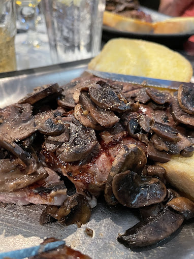 Close view of a steak and mushroom dish.