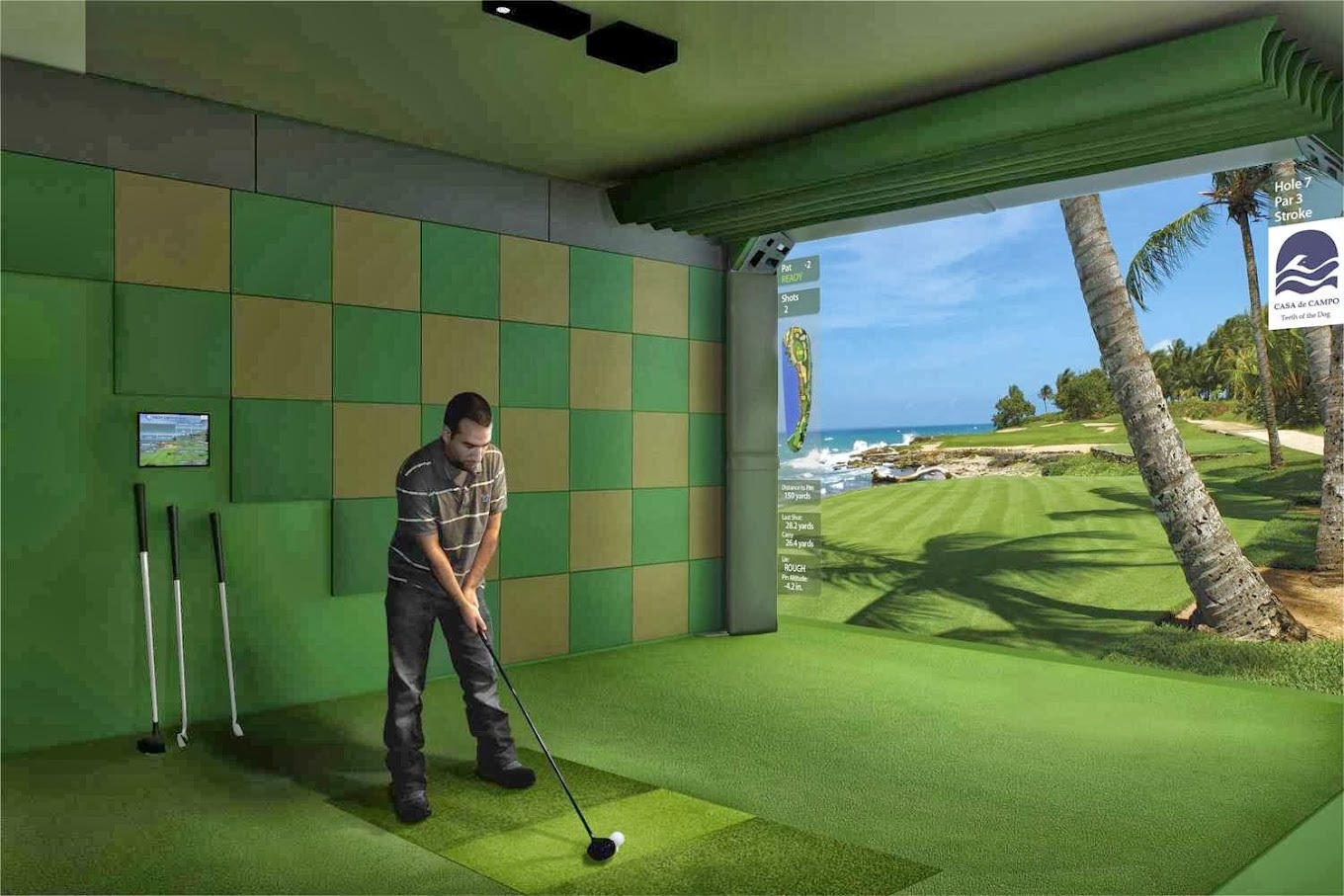 A view of a golfer at a golf simulator.