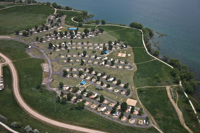 Aerial view of RV campsite next to the Lake.