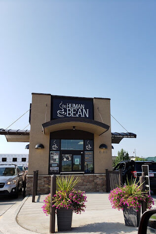Exterior view of a beige and brown drive thru coffee shop. On either side of the building their are sunshades and cars in line.