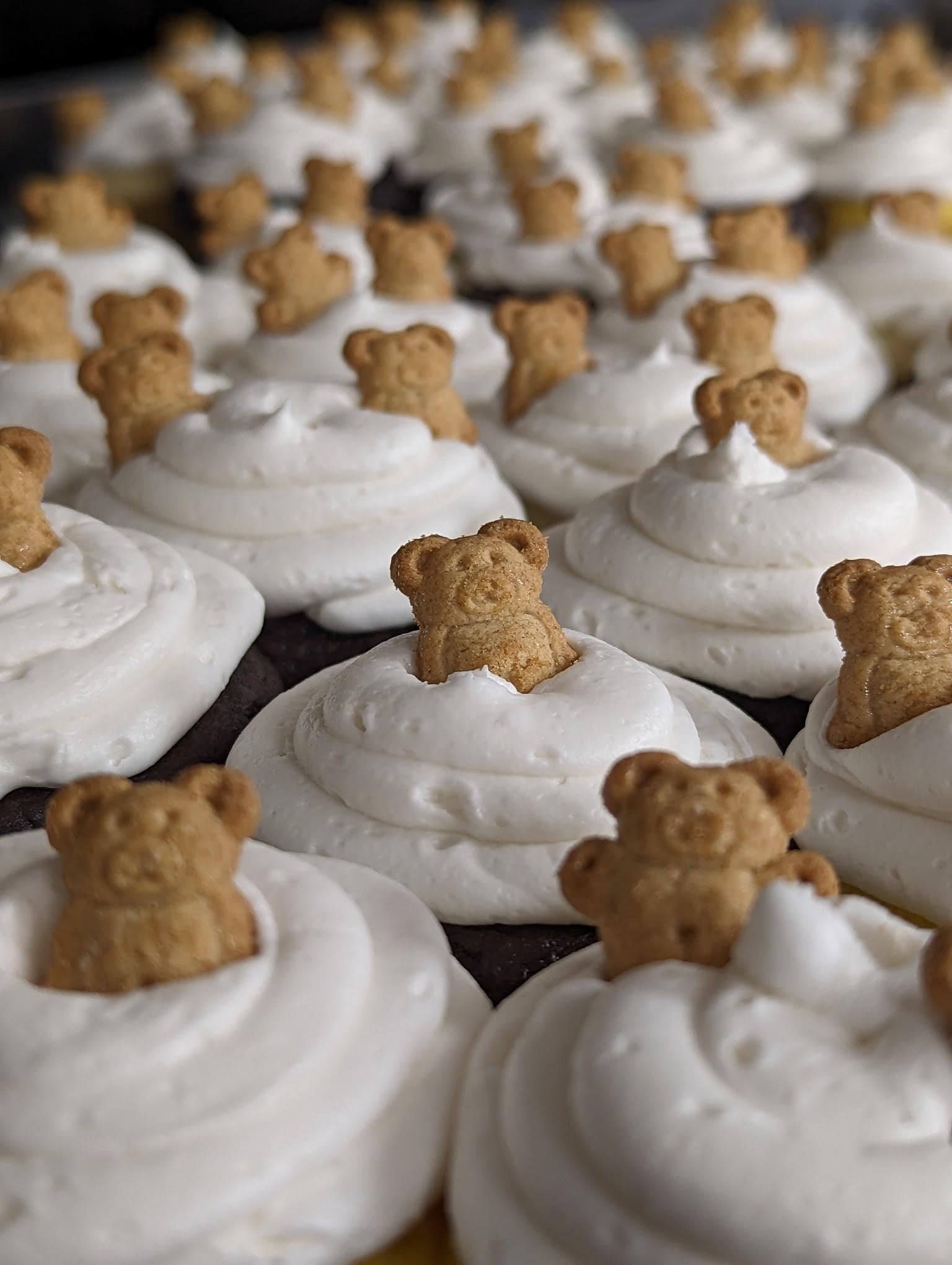 Huge amount of cupcakes with white frosting and teddy bear crackers stuck into the top.