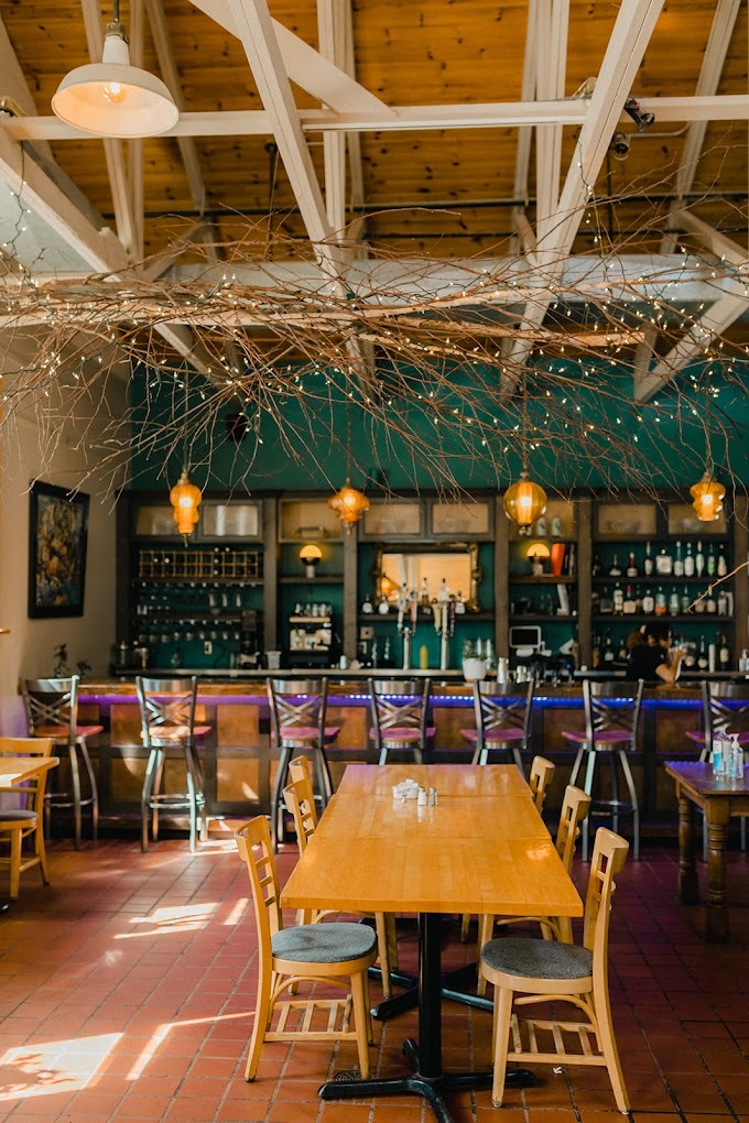 An inside view of a restaurant with a bar, seating, and a large light fixture over the seating area made with sticks and brush with fairy lights.