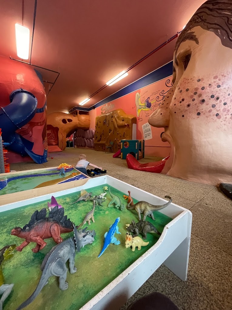A view of a large room in a museum with a grassy play table with dinosaurs.