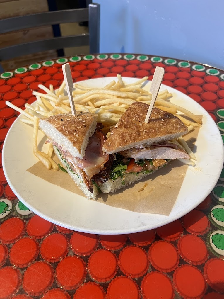 An view of a white plate with an grilled sandwich with a toothpick holding the sandwich together, along with a side of classic cut fries.
