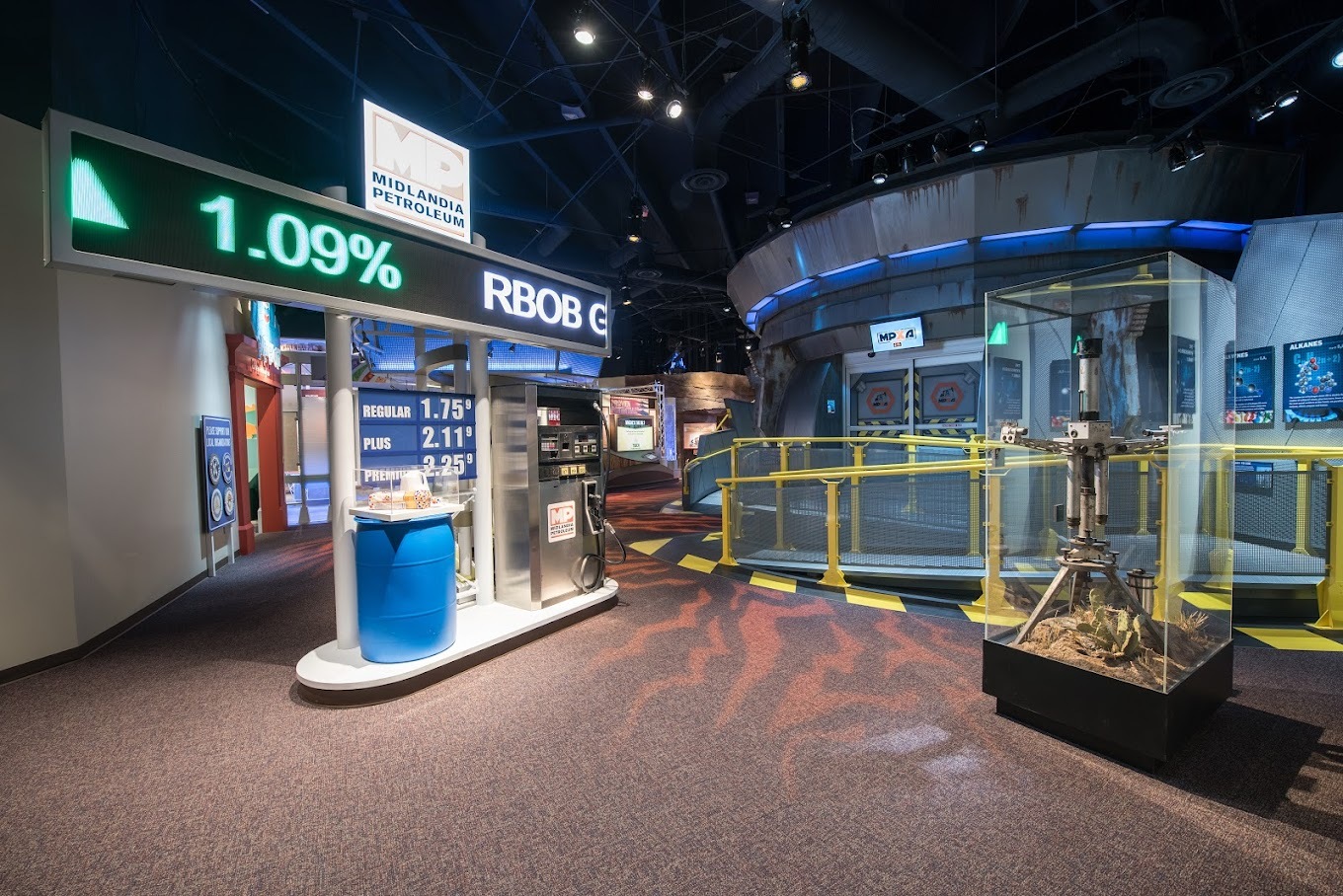 A museum featuring an fake gas pump and stock number board.